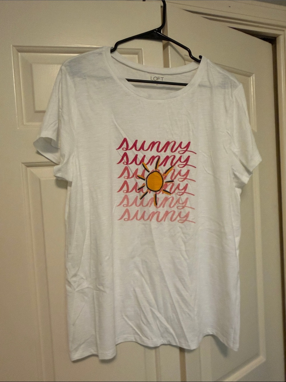 LOFT White Short-Sleeve Tee with Pink Script and Yellow Sun
